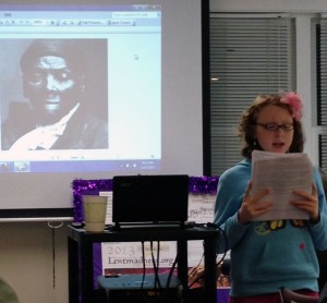 11-year-old Hope Marie Copeland presents on Harriet Tubman at St. Philip's.